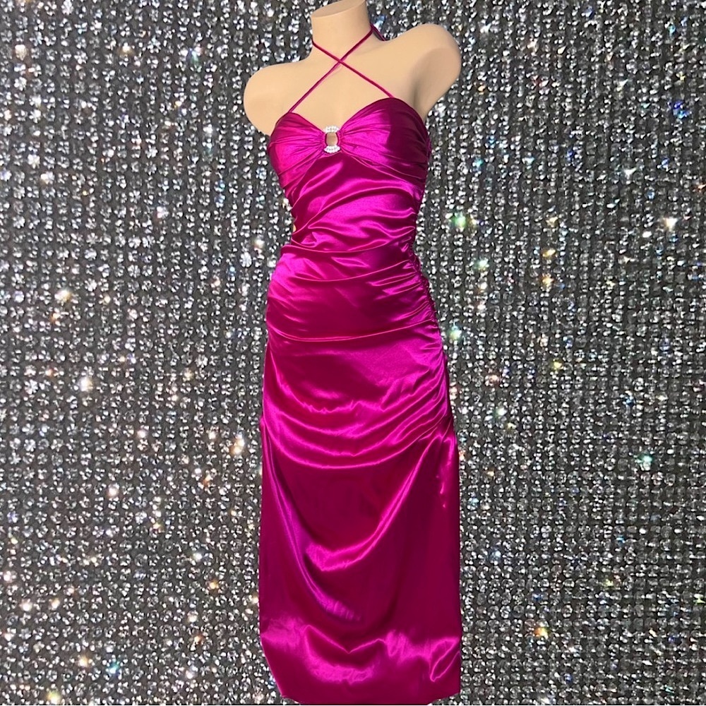 Blondie nites by Stacy skylar dress pink shiny satin silk rhinestone orings y2k
